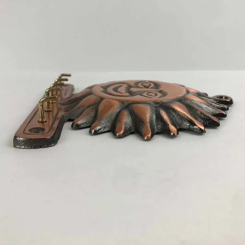 Celestial Sun Face 5 Hook Key Rack Vintage 90s Copper Toned Southwest Wall Decor